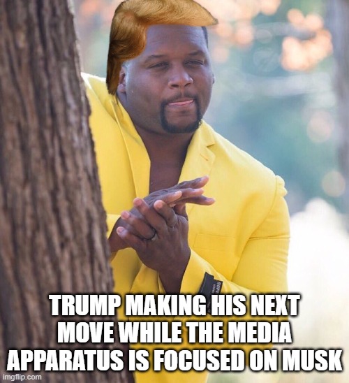 Focus | TRUMP MAKING HIS NEXT MOVE WHILE THE MEDIA APPARATUS IS FOCUSED ON MUSK | image tagged in black guy hiding behind tree | made w/ Imgflip meme maker