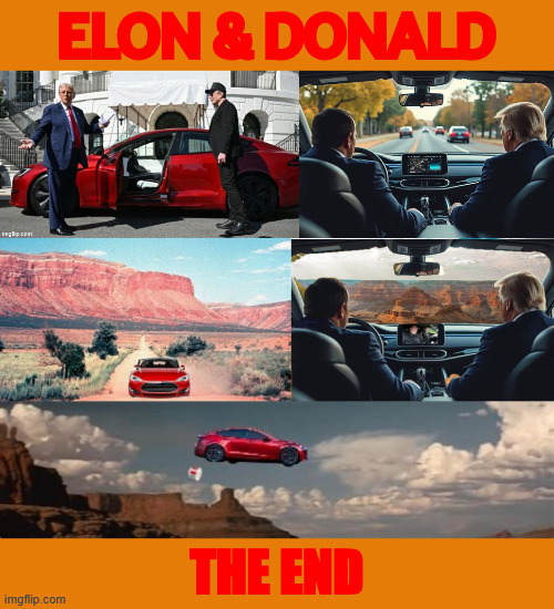 Elon and Donald go for a ride | ELON & DONALD; THE END | image tagged in elon and donald go for a ride,thelam and louise,telliar,off the edge of the cliff,golden parchuts,maga movie | made w/ Imgflip meme maker