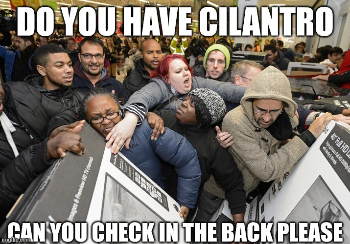 You worked in produce you know | DO YOU HAVE CILANTRO; CAN YOU CHECK IN THE BACK PLEASE | image tagged in black friday matters,grocery store,crazy people,insanity,produce | made w/ Imgflip meme maker