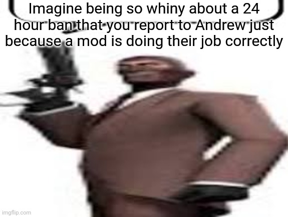 I know this is harassment, I know I'm gonna get banned | Imagine being so whiny about a 24 hour ban that you report to Andrew just because a mod is doing their job correctly | image tagged in tf2 spy,msmg,memes | made w/ Imgflip meme maker