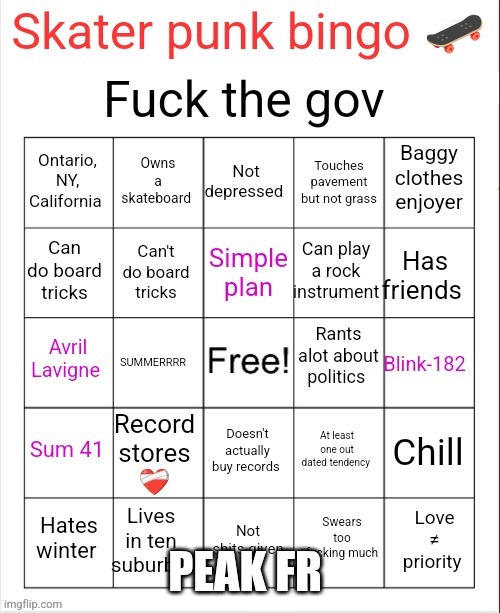 Skater punk bingo | PEAK FR | image tagged in skater punk bingo | made w/ Imgflip meme maker