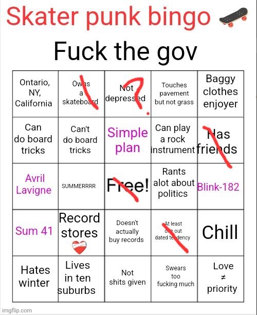Skater punk bingo | image tagged in skater punk bingo | made w/ Imgflip meme maker