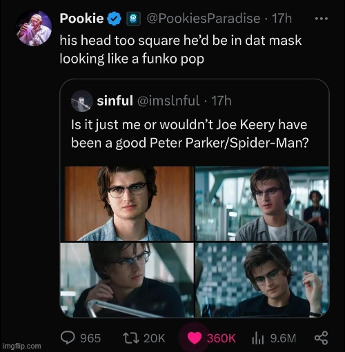 image tagged in joe keery,peter parker,spider-man,head,square,funko pop | made w/ Imgflip meme maker