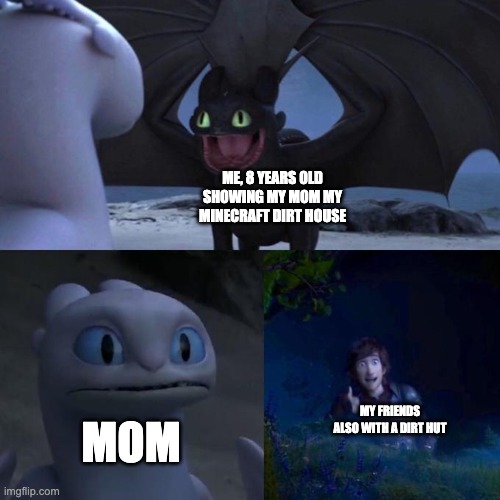 Toothless presents himself | ME, 8 YEARS OLD SHOWING MY MOM MY MINECRAFT DIRT HOUSE; MY FRIENDS ALSO WITH A DIRT HUT; MOM | image tagged in toothless presents himself | made w/ Imgflip meme maker