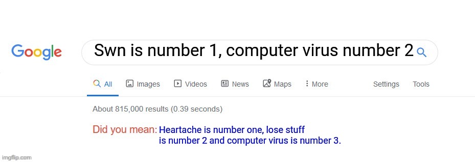 Did you mean? | Swn is number 1, computer virus number 2 Heartache is number one, lose stuff is number 2 and computer virus is number 3. | image tagged in did you mean | made w/ Imgflip meme maker