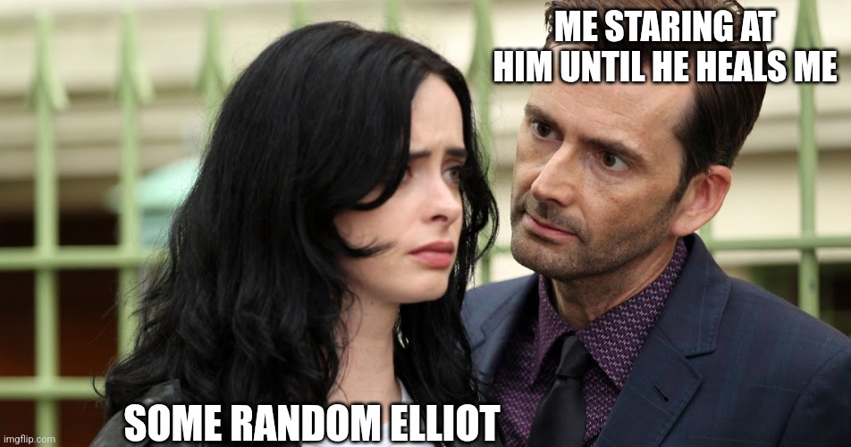 I ran out of fried chicken | ME STARING AT HIM UNTIL HE HEALS ME; SOME RANDOM ELLIOT | image tagged in jessica jones death stare,forsaken,roblox | made w/ Imgflip meme maker