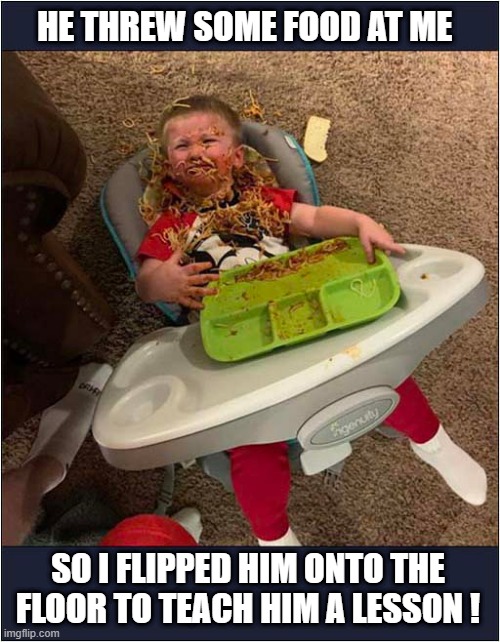 Follow Me For More Parenting Tips | HE THREW SOME FOOD AT ME; SO I FLIPPED HIM ONTO THE
FLOOR TO TEACH HIM A LESSON ! | image tagged in bad parenting,child,food,floor | made w/ Imgflip meme maker