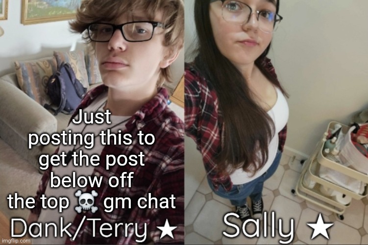 Dank/Sally matching shared temp | Just posting this to get the post below off the top ☠️ gm chat | image tagged in dank/sally matching shared temp | made w/ Imgflip meme maker