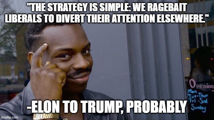 Roll Safe Think About It Meme | "THE STRATEGY IS SIMPLE: WE RAGEBAIT LIBERALS TO DIVERT THEIR ATTENTION ELSEWHERE." -ELON TO TRUMP, PROBABLY | image tagged in memes,roll safe think about it | made w/ Imgflip meme maker