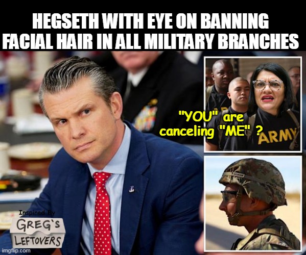I always say" If you're gonna steal steal from the best" | HEGSETH WITH EYE ON BANNING FACIAL HAIR IN ALL MILITARY BRANCHES; "YOU" are canceling "ME" ? | image tagged in hegseth facial hair rashida meme | made w/ Imgflip meme maker