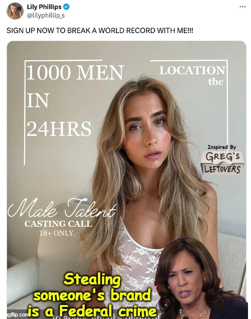 I SO miss her (just for this stuff) | Stealing someone's brand is a Federal crime | image tagged in kamala 1000 men porn star meme | made w/ Imgflip meme maker