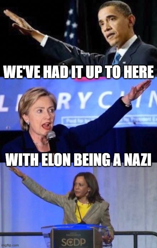 democrats nazi salute | WE'VE HAD IT UP TO HERE WITH ELON BEING A NAZI | image tagged in democrats nazi salute | made w/ Imgflip meme maker