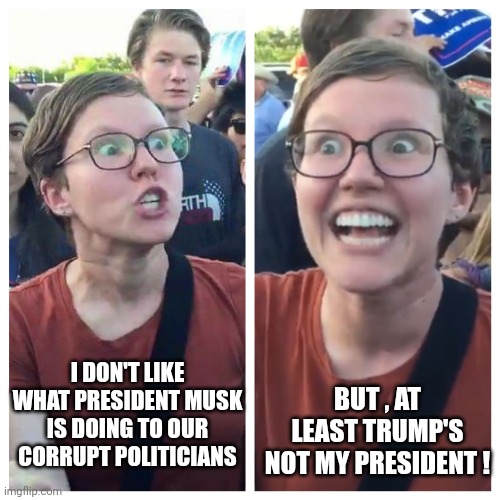 The "Not My President" Cult | I DON'T LIKE WHAT PRESIDENT MUSK IS DOING TO OUR CORRUPT POLITICIANS BUT , AT LEAST TRUMP'S NOT MY PRESIDENT ! | image tagged in not my president,do you are have stupid,trump derangement syndrome,mental illness,orange man bad morons | made w/ Imgflip meme maker