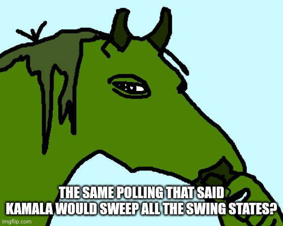 horse pepe | THE SAME POLLING THAT SAID KAMALA WOULD SWEEP ALL THE SWING STATES? | image tagged in horse pepe | made w/ Imgflip meme maker