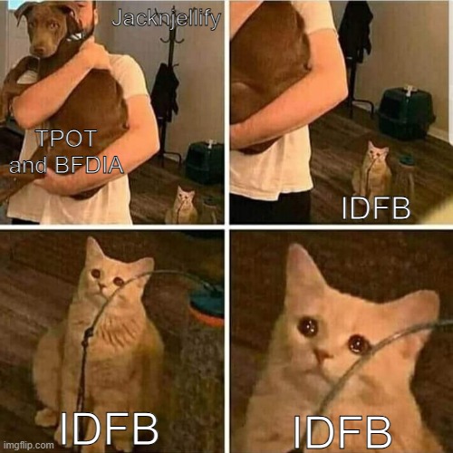 Why Jacknjellify prefer to make TPOT and BFDIA  over IDFB? | Jacknjellify; TPOT and BFDIA; IDFB; IDFB; IDFB | image tagged in sad cat holding dog,bfdi | made w/ Imgflip meme maker