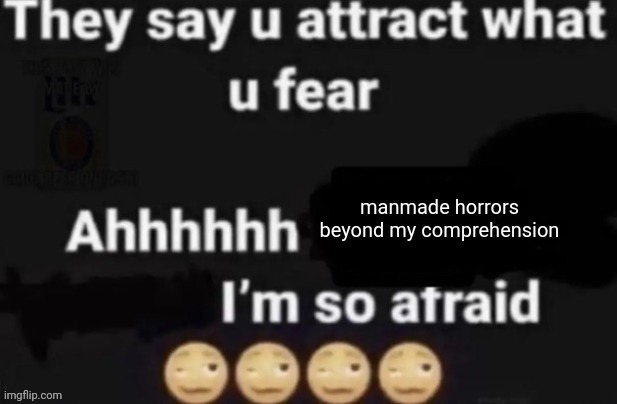 They say you attract what you fear | manmade horrors beyond my comprehension | image tagged in they say you attract what you fear | made w/ Imgflip meme maker