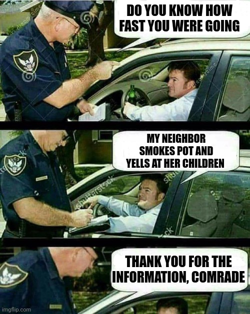 Handicap Parking | DO YOU KNOW HOW FAST YOU WERE GOING MY NEIGHBOR SMOKES POT AND YELLS AT HER CHILDREN THANK YOU FOR THE INFORMATION, COMRADE | image tagged in handicap parking | made w/ Imgflip meme maker