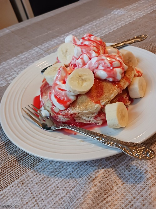 Bana and strawberry syrup pancakes | made w/ Imgflip meme maker