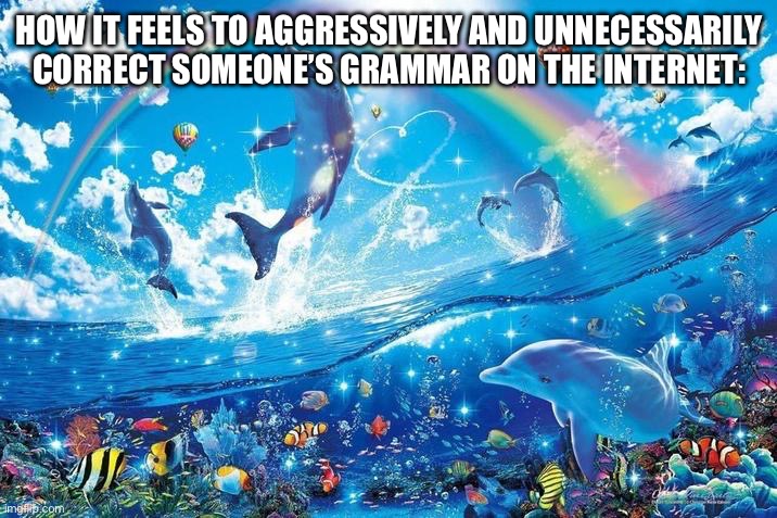 I honestly don’t know why I do it. | HOW IT FEELS TO AGGRESSIVELY AND UNNECESSARILY CORRECT SOMEONE’S GRAMMAR ON THE INTERNET: | image tagged in happy dolphin rainbow | made w/ Imgflip meme maker