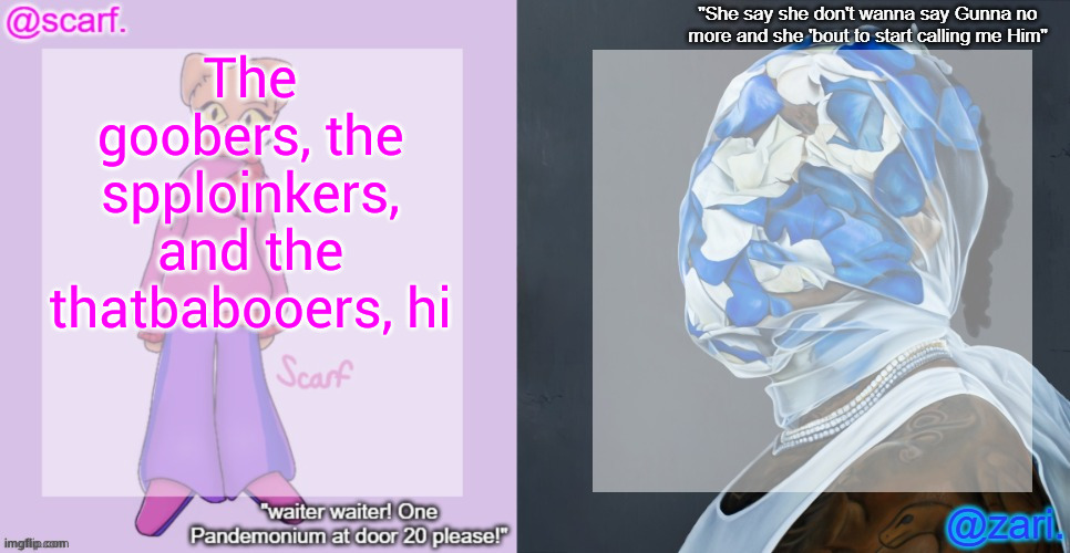Scarf and Zari's shared template | The goobers, the spploinkers, and the thatbabooers, hi | image tagged in scarf and zari's shared template | made w/ Imgflip meme maker