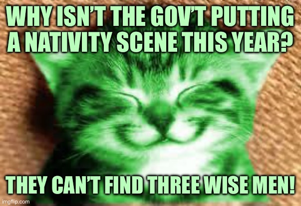 Try the dairy, I’m here all week | WHY ISN’T THE GOV’T PUTTING A NATIVITY SCENE THIS YEAR? THEY CAN’T FIND THREE WISE MEN! | image tagged in happy raycat,memes | made w/ Imgflip meme maker