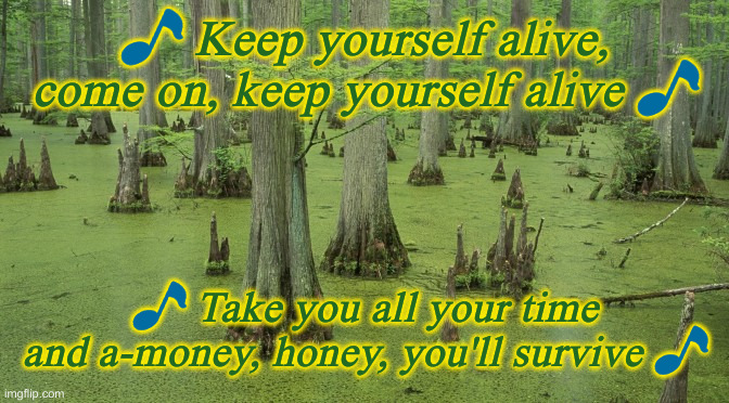 D.C. Swamp On Life Support Mode | 🎵 Keep yourself alive, come on, keep yourself alive 🎵; 🎵 Take you all your time and a-money, honey, you'll survive 🎵 | image tagged in swamp,political meme,politics,funny memes,funny,keep it pumping | made w/ Imgflip meme maker