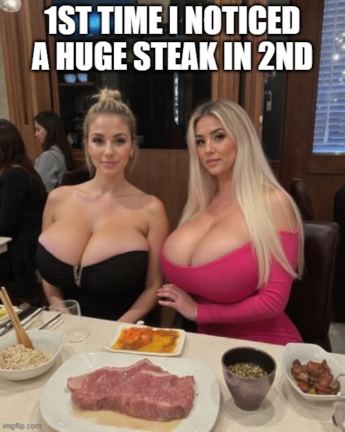 1st time I noticed a huge steak in 2nd | 1ST TIME I NOTICED A HUGE STEAK IN 2ND | image tagged in steak,breasts | made w/ Imgflip meme maker