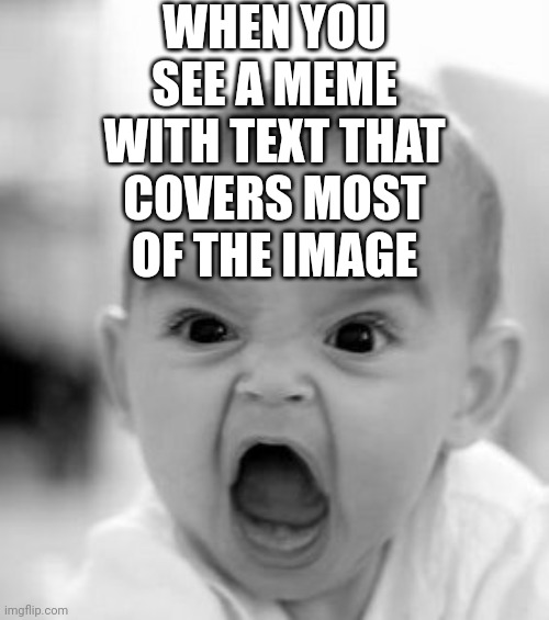 Haha get it because this meme has those same properties. I'm so hecking funny | WHEN YOU SEE A MEME WITH TEXT THAT COVERS MOST OF THE IMAGE | image tagged in memes,angry baby,stop reading the fucking tags | made w/ Imgflip meme maker