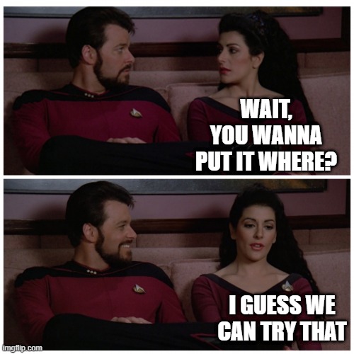 Riker Be Happy | WAIT, YOU WANNA PUT IT WHERE? I GUESS WE CAN TRY THAT | image tagged in troi and riker bad pun | made w/ Imgflip meme maker