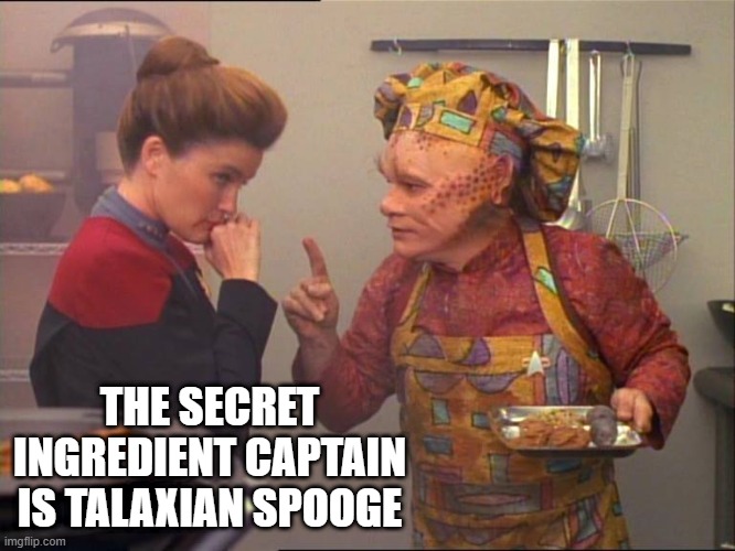 Secret Ingredient | THE SECRET INGREDIENT CAPTAIN IS TALAXIAN SPOOGE | image tagged in neelix star trek | made w/ Imgflip meme maker