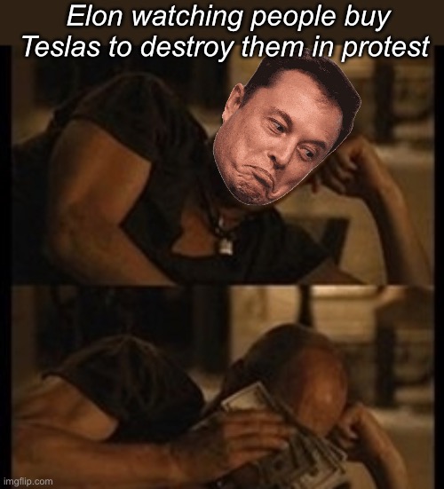 You don’t have to be smart to be a leftist | Elon watching people buy Teslas to destroy them in protest | image tagged in crying with money,politics lol,memes,derp | made w/ Imgflip meme maker