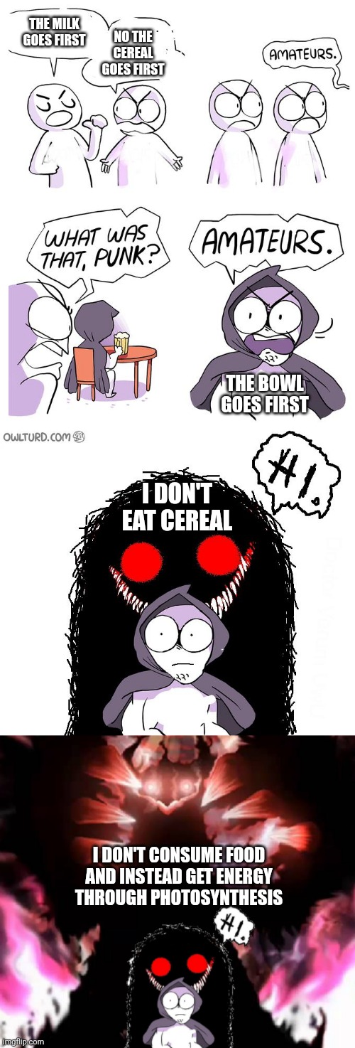 I don't eat cereal | NO THE CEREAL GOES FIRST; THE MILK GOES FIRST; THE BOWL GOES FIRST; I DON'T EAT CEREAL; I DON'T CONSUME FOOD AND INSTEAD GET ENERGY THROUGH PHOTOSYNTHESIS | image tagged in amateurs 4 0,cereal,fun | made w/ Imgflip meme maker