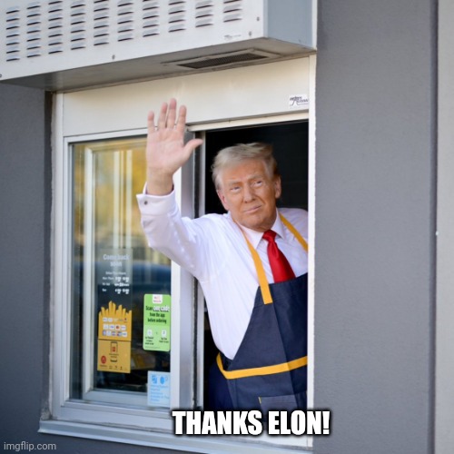 Trump McDonald's Drive-thru | THANKS ELON! | image tagged in trump mcdonald's drive-thru | made w/ Imgflip meme maker