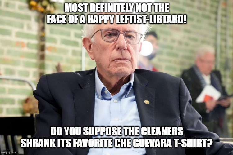 Another one that belongs in the 'fun' section, but....oh well! | MOST DEFINITELY NOT THE FACE OF A HAPPY LEFTIST-LIBTARD! DO YOU SUPPOSE THE CLEANERS SHRANK ITS FAVORITE CHE GUEVARA T-SHIRT? | image tagged in bernie,murderface | made w/ Imgflip meme maker