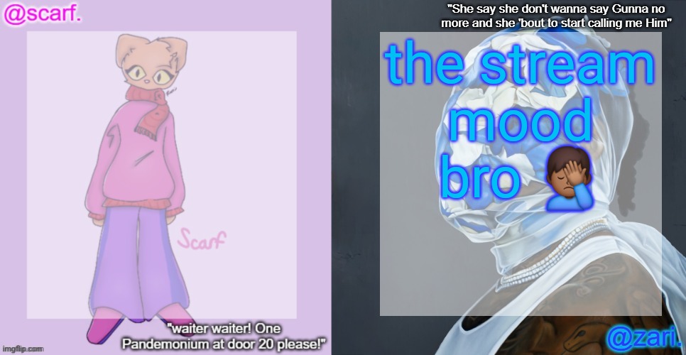 Scarf and Zari's shared template | the stream mood bro 🤦🏾‍♂️ | image tagged in scarf and zari's shared template | made w/ Imgflip meme maker