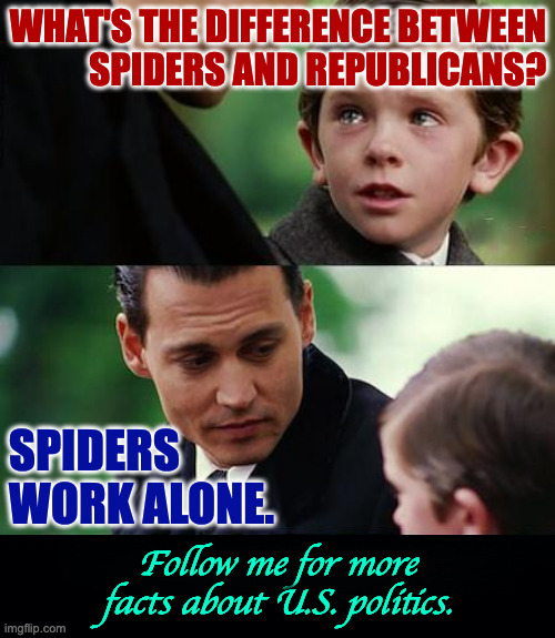 Also, I don't know that spiders ever turn on each other. | WHAT'S THE DIFFERENCE BETWEEN
SPIDERS AND REPUBLICANS? SPIDERS
WORK ALONE. Follow me for more
facts about U.S. politics. | image tagged in memes,spiders,republicans,politics | made w/ Imgflip meme maker