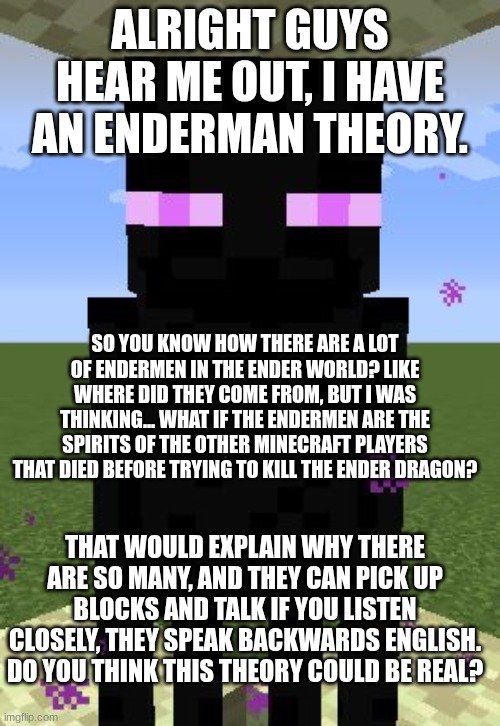 enderman theory!! | ALRIGHT GUYS HEAR ME OUT, I HAVE AN ENDERMAN THEORY. SO YOU KNOW HOW THERE ARE A LOT OF ENDERMEN IN THE ENDER WORLD? LIKE WHERE DID THEY COME FROM, BUT I WAS THINKING... WHAT IF THE ENDERMEN ARE THE SPIRITS OF THE OTHER MINECRAFT PLAYERS THAT DIED BEFORE TRYING TO KILL THE ENDER DRAGON? THAT WOULD EXPLAIN WHY THERE ARE SO MANY, AND THEY CAN PICK UP BLOCKS AND TALK IF YOU LISTEN CLOSELY, THEY SPEAK BACKWARDS ENGLISH. DO YOU THINK THIS THEORY COULD BE REAL? | image tagged in enderman | made w/ Imgflip meme maker