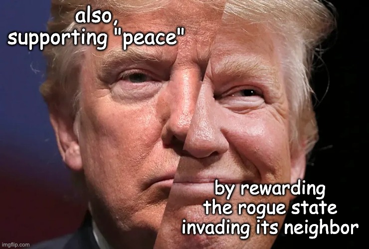 Two-faced trump | also, supporting "peace" by rewarding the rogue state invading its neighbor | image tagged in two-faced trump | made w/ Imgflip meme maker