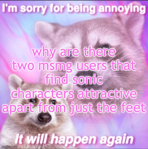 sorry for being annoying | why are there two msmg users that find sonic characters attractive apart from just the feet | image tagged in sorry for being annoying | made w/ Imgflip meme maker