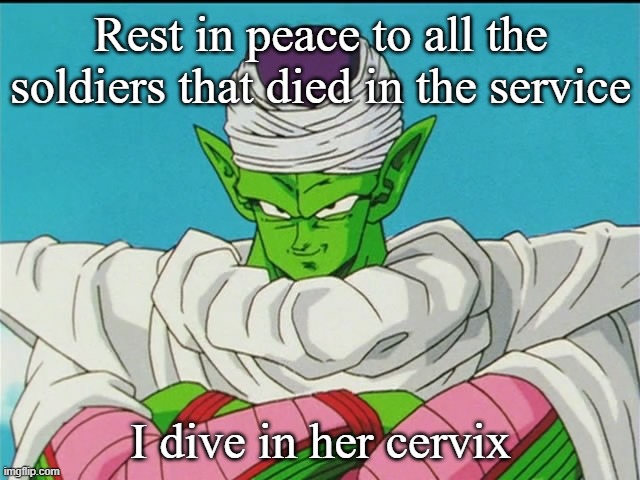 Bad teacher piccolo | Rest in peace to all the soldiers that died in the service; I dive in her cervix | image tagged in bad teacher piccolo | made w/ Imgflip meme maker