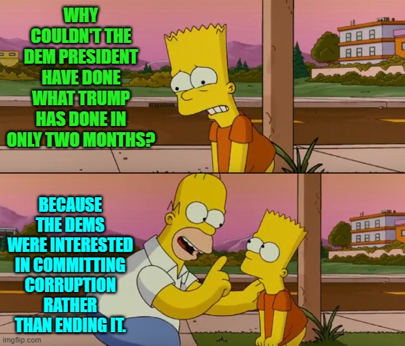 Why ask why, when the answer is so obvious? | WHY COULDN'T THE DEM PRESIDENT HAVE DONE WHAT TRUMP HAS DONE IN ONLY TWO MONTHS? BECAUSE THE DEMS WERE INTERESTED IN COMMITTING CORRUPTION RATHER THAN ENDING IT. | image tagged in simpsons so far | made w/ Imgflip meme maker