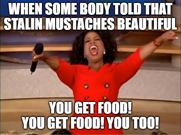 Oprah You Get A | WHEN SOME BODY TOLD THAT STALIN MUSTACHES BEAUTIFUL; YOU GET FOOD! YOU GET FOOD! YOU TOO! | image tagged in memes,oprah you get a | made w/ Imgflip meme maker