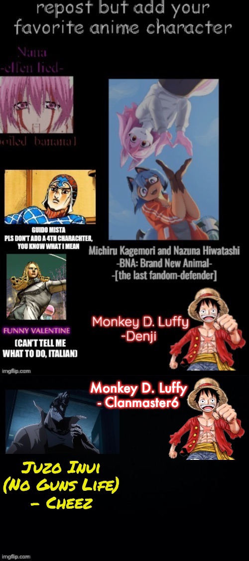 Who says you can't have one character appear multiple times | Monkey D. Luffy
- Clanmaster6 | made w/ Imgflip meme maker