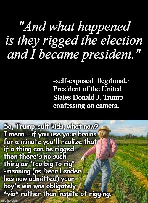 This little tidbit isn't really getting enough attention from the media. | "And what happened is they rigged the election and I became president."; -self-exposed illegitimate
President of the United
States Donald J. Trump
confessing on camera. So, Trump-cult kids, what now?
I mean... if you use your brains
for a minute you'll realize that
if a thing can be rigged
then there's no such
thing as "too big to rig"
-meaning (as Dear Leader
has now admitted) your
boy's win was obligately
*via* rather than inspite of rigging. | image tagged in short black template,scarecrow in field,trump unfit unqualified dangerous,illegitimate,potus | made w/ Imgflip meme maker