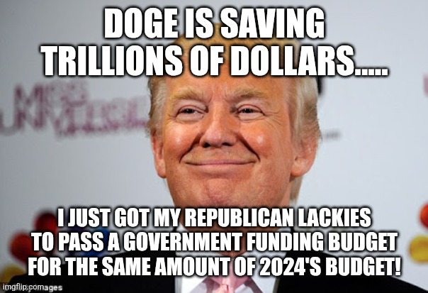 Not saving that much | DOGE IS SAVING TRILLIONS OF DOLLARS..... I JUST GOT MY REPUBLICAN LACKIES TO PASS A GOVERNMENT FUNDING BUDGET FOR THE SAME AMOUNT OF 2024'S BUDGET! | image tagged in donald trump,elon musk,trump,maga,trump sucks,nevertrump | made w/ Imgflip meme maker