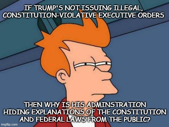 ??? | IF TRUMP'S NOT ISSUING ILLEGAL, CONSTITUTION-VIOLATIVE EXECUTIVE ORDERS; THEN WHY IS HIS ADMINSTRATION HIDING EXPLANATIONS OF THE CONSTITUTION
AND FEDERAL LAWS FROM THE PUBLIC? | image tagged in trump unfit unqualified dangerous,crooked,corrupt,potus | made w/ Imgflip meme maker