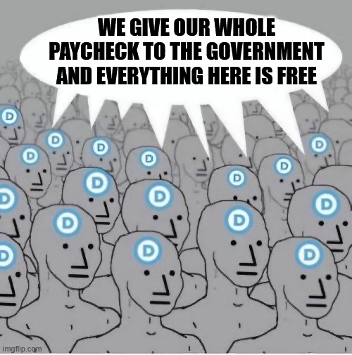 GOVERNMENT FREE STUFF | WE GIVE OUR WHOLE PAYCHECK TO THE GOVERNMENT
AND EVERYTHING HERE IS FREE | image tagged in npc democrat template with speech bubble,government free stuff | made w/ Imgflip meme maker