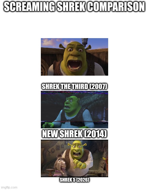 What's your favorite? Also, AI Shrek is here since 2014... Oh well... | SCREAMING SHREK COMPARISON; SHREK THE THIRD (2007); NEW SHREK (2014); SHREK 5 (2026) | image tagged in shrek,shrek 5,ai,look how they massacred my boy | made w/ Imgflip meme maker