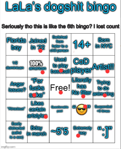 LaLa’s bingo V6 i think idk | 100% | image tagged in lala s bingo v6 i think idk | made w/ Imgflip meme maker
