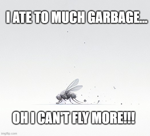 I ate to much garbage | I ATE TO MUCH GARBAGE... OH I CAN'T FLY MORE!!! | image tagged in funny | made w/ Imgflip meme maker